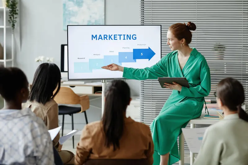 Marketing specialist presenting campaign strategy and performance goals to team
